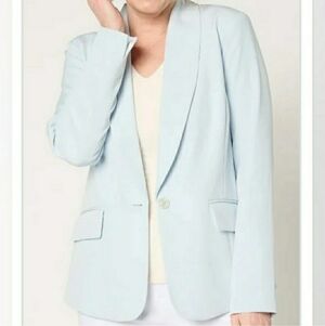 Dennis Basso Super Stretch Woven Blazer, with Floral Print Lining Blue Mist, 3X